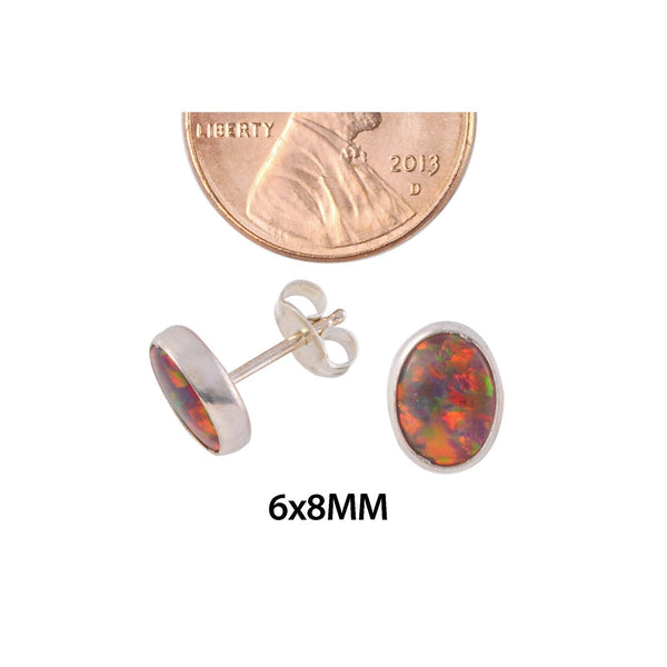 Opal Stud Earrings Sterling Silver Gemstone iridescent Orange 7mm x 9mm Oval - Jewelryland.com