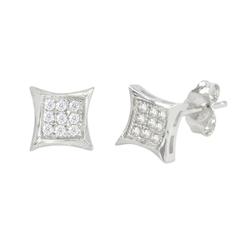 Sterling Silver Micropave Stud Earrings Kite Shaped Clear CZ Curved In 8mm x 8mm - Jewelryland.com