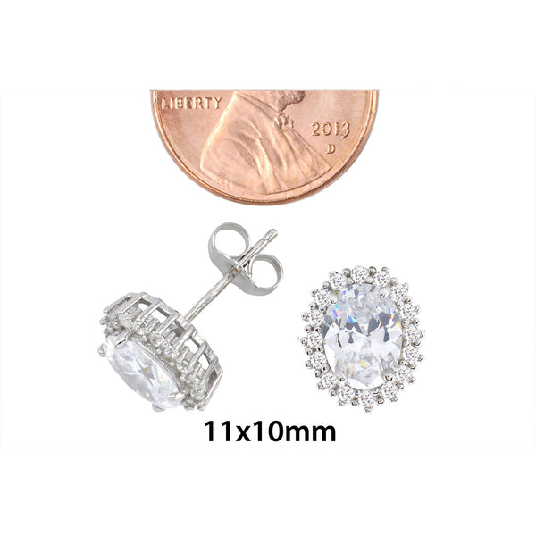Sterling Silver Halo Oval Cubic Zirconia Stud Earrings Micropave 11mm x 10mm - Jewelryland.com