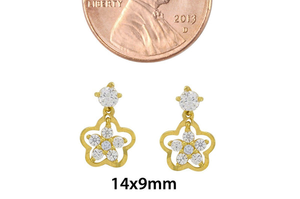 Sterling Silver Flower Dangle Earrings White Cubic Zirconia Gold Plated 14mm - Jewelryland.com