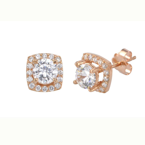 Halo Stud Earrings Rose Gold Plated Pave Cubic Zirconia 7mm Rounded Square - Jewelryland.com