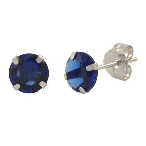 Blue Sapphire Cubic Zirconia Stud Earrings 14k White Gold Round Birthstone CZ - Jewelryland.com