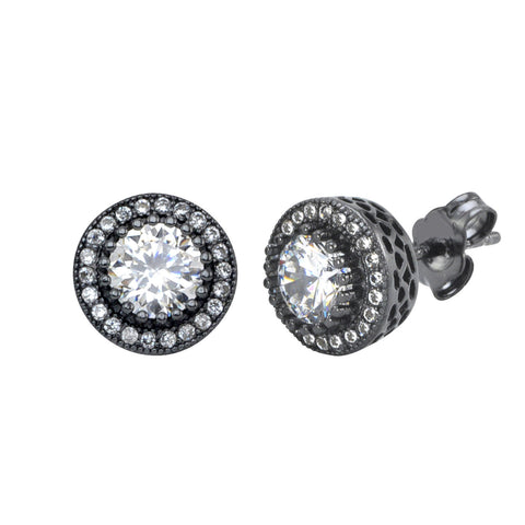 Sterling Silver Black Stud Earrings Round White Cubic Zirconia Micropave 10mm - Jewelryland.com