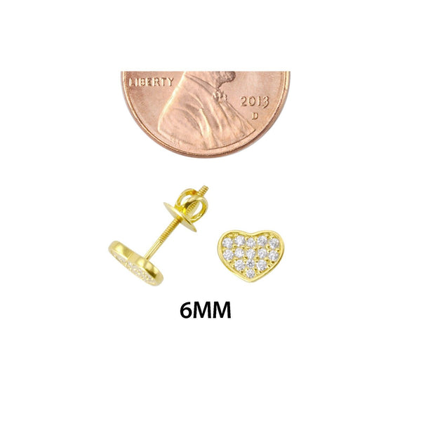 Sterling Silver Yellow Gold Plated White CZ Heart Studs Screwback Earrings 6mm - Jewelryland.com