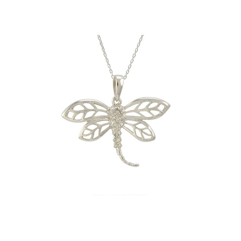 Sterling Silver Diamond Dragonfly Necklace, 18" (.02 cttw, I-J, I2-I3) - Jewelryland.com
