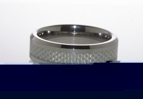 Tungsten Carbide Band Ring Grey Carbon Inlay Low Beveled Edge Fiber 8mm Wide - Jewelryland.com