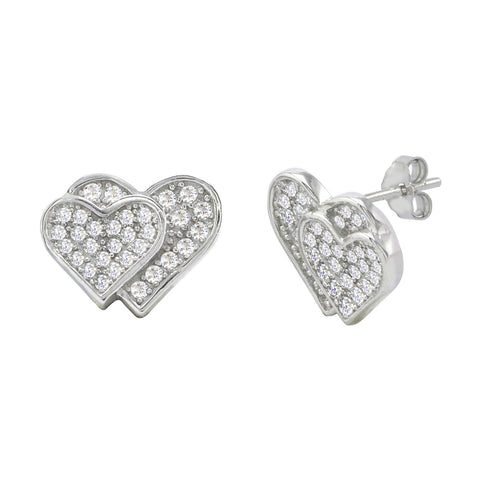 Double Heart Earrings Sterling Silver Micropave CZ Cubic Zirconia 11mm x 14mm - Jewelryland.com