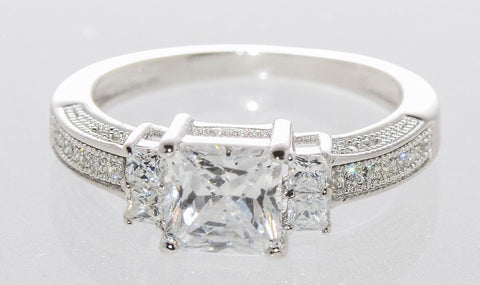 Cubic Zirconia Ring Sterling Silver Three Stone Clear - Jewelryland.com