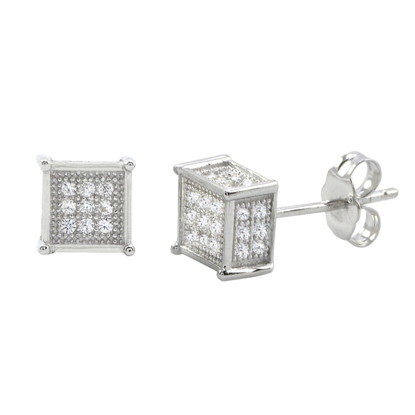 Sterling Silver Micropave Stud Earrings Clear Square 3d Sidestones 7mm x 7mm - Jewelryland.com