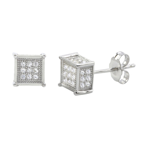 Sterling Silver Micropave Stud Earrings Clear Square 3d Sidestones 7mm x 7mm - Jewelryland.com