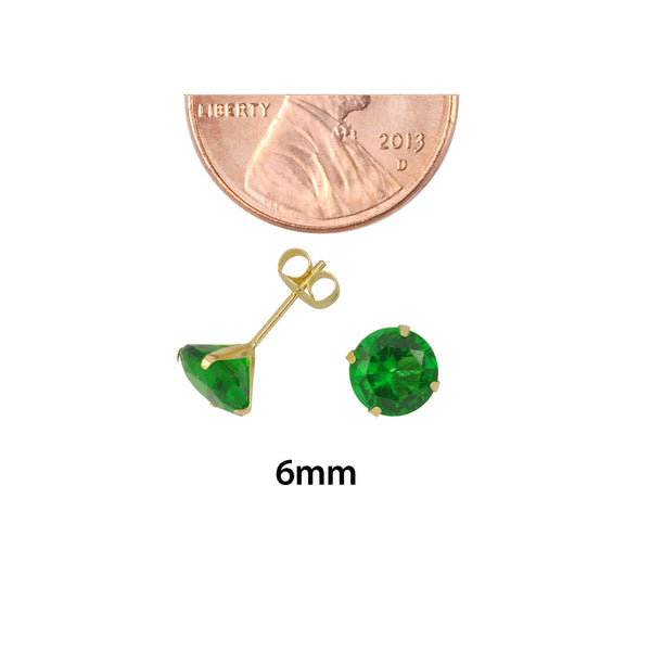 14k Yellow Gold Emerald Cubic Zirconia Stud Earrings Round Birthstone CZ - Jewelryland.com
