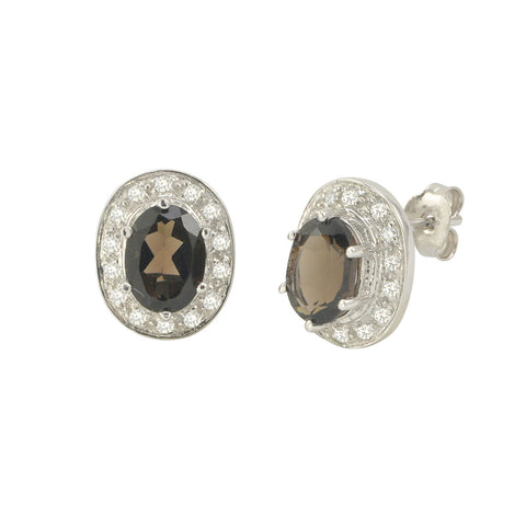Smoky Quartz Gemstone Stud Earrings Sterling Silver Oval Micropave CZ Accent - Jewelryland.com