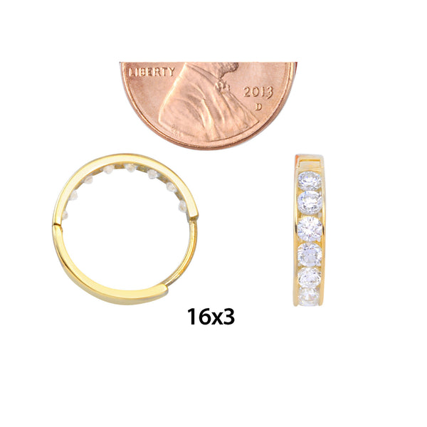14k Yellow Gold Huggie Hoop Earrings Snap Closure Cubic Zirconia 16mm x 3mm - Jewelryland.com