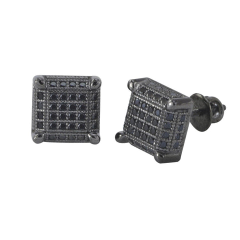 Mens Womens Screwback Stud Earrings Micropave Black Cubic Zirconia 9mm Square 3d - Jewelryland.com