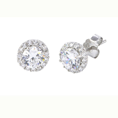 Sterling Silver Micropave Stud Earrings 7mm Super Bright White CZ Pave Border - Jewelryland.com