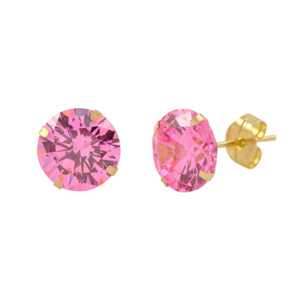 14k Yellow Gold Pink CZ Earrings Round Cubic Zirconia October Birthstone Studs - Jewelryland.com