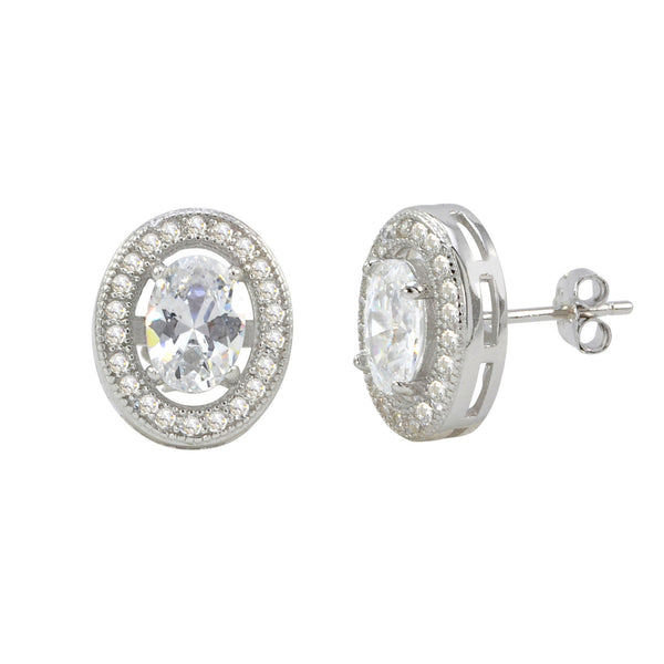Sterling Silver Halo Cubic Zirconia Stud Earrings and Micropave Oval 12mm x 10mm - Jewelryland.com
