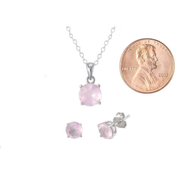 925 Sterling Silver Pink Quartz Gemstone Pendant Necklace and Earrings Set - Jewelryland.com