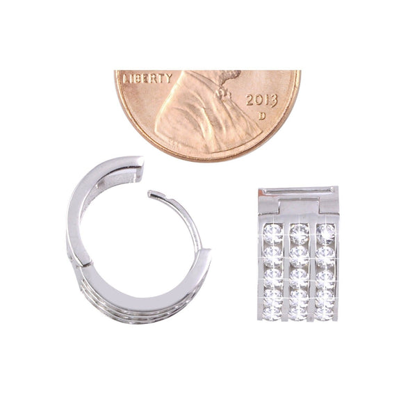 Clear CZ Huggie Earrings Hinged Hoops 925 Silver 3 Row Cubic Zirconia 13mm x 8mm - Jewelryland.com
