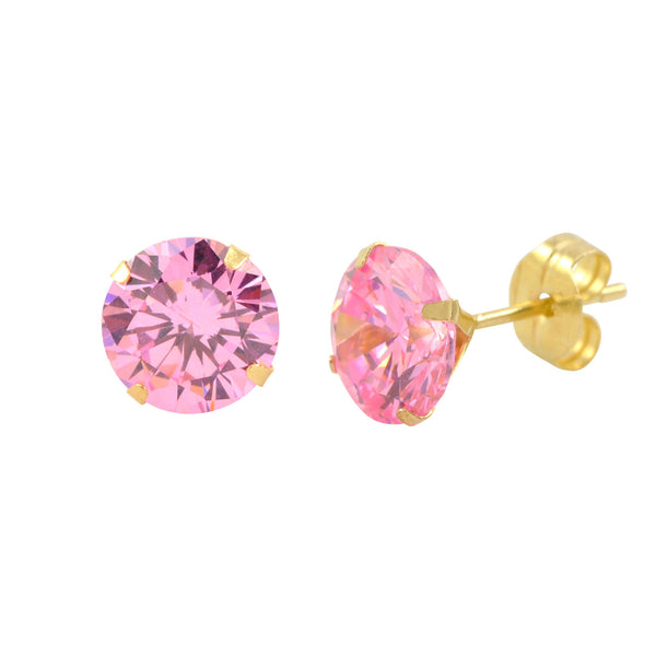 14k Yellow Gold Pink CZ Earrings Round Cubic Zirconia October Birthstone Studs - Jewelryland.com