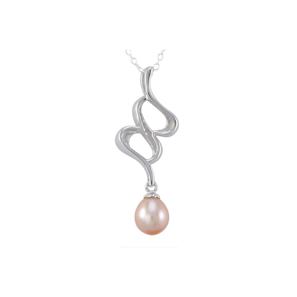 Pink Pearl Swirl Design Necklace White CZ .925 Sterling Silver, 18" Chain - Jewelryland.com