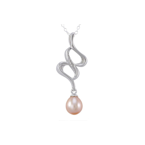 Pink Pearl Swirl Design Necklace White CZ .925 Sterling Silver, 18" Chain - Jewelryland.com