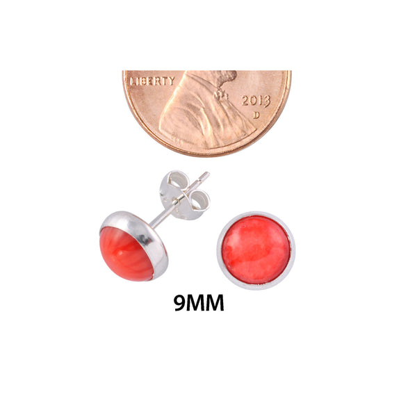 Sterling Silver Red Coral Gemstone Earrings 9mm Round Studs - Jewelryland.com