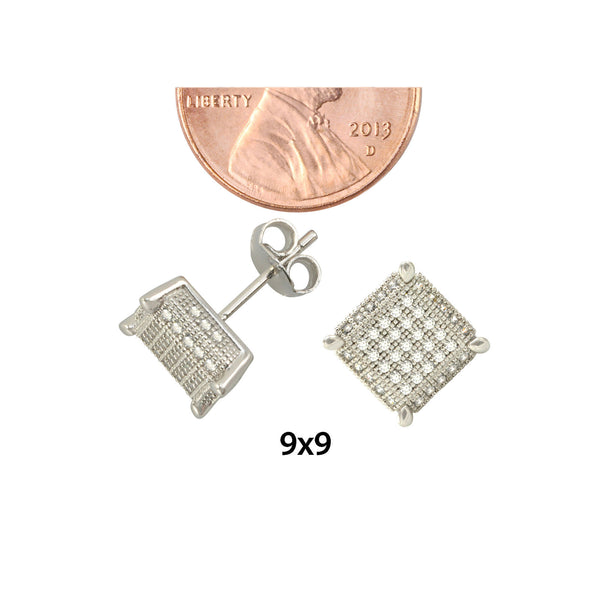 925 Sterling Silver 3d Square Stud Earrings White Pave Cubic Zirconia CZ 9mm - Jewelryland.com