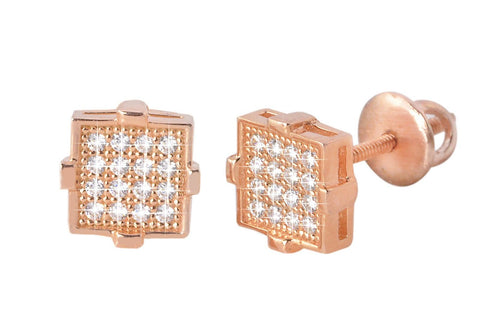 Sterling Silver Rose Gold Plated Screw Back Square CZ Earrings Studs 6mm - Jewelryland.com