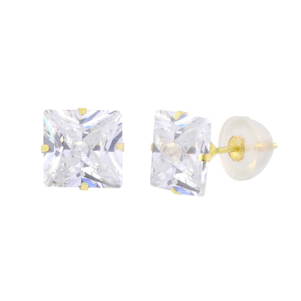 14k Yellow Gold Clear Princess Cut Square CZ Stud Earrings Prong Set - Jewelryland.com