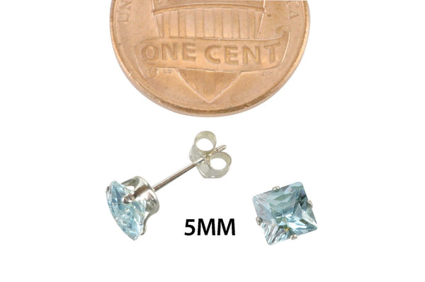 Square Aquamarine CZ March Birthstone Stud Earrings Silver Cubic Zirconia Prong - Jewelryland.com