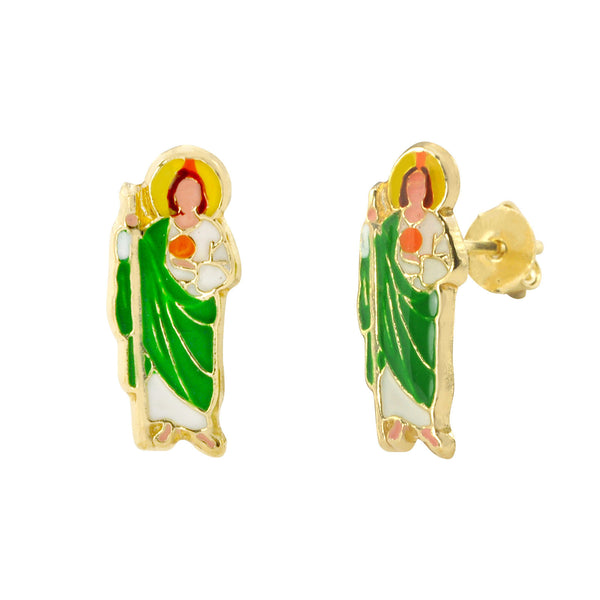 10k Yellow Gold Guadalupe Virgin Green Stud Earrings 14x6 - Jewelryland.com