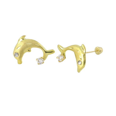 10k Yellow Gold Dolphin Stud Earrings Screwbacks White Cubic Zirconia Ball 12mm - Jewelryland.com