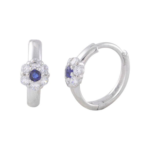 Sterling Silver Huggie Earrings Mini Flower CZ Birthstone Colors Hinged Hoops - Jewelryland.com