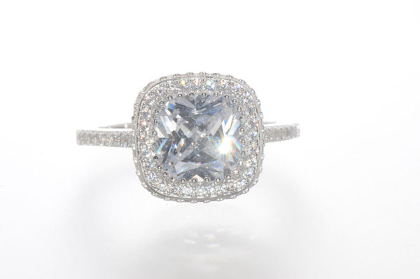 Sterling Silver CZ Ring 9mm Square Princess Cut Center Stone with Accent Stones - Jewelryland.com