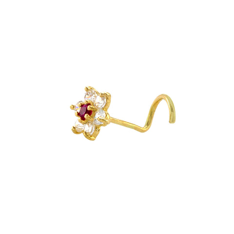 Flower Nose Stud 22G 14k Yellow Gold 5 mm Red and White CZ Nose Screw - Jewelryland.com