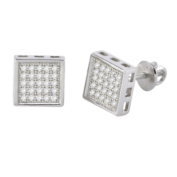 Screw Back Stud Earrings Sterling Silver Pave CZ Cubic Zirconia 8mm Square - Jewelryland.com