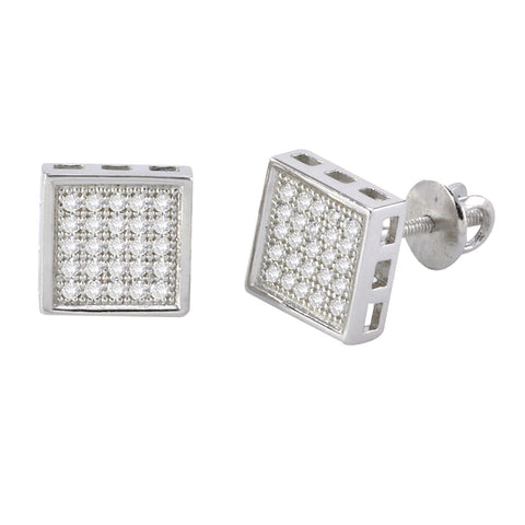 Screw Back Stud Earrings Sterling Silver Pave CZ Cubic Zirconia 8mm Square - Jewelryland.com