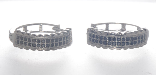 Sterling Silver Micropave Black CZ Huggie Hoop Earrings 17mm x 5mm - Jewelryland.com