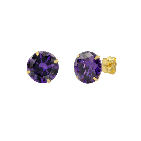 14k Yellow Gold Purple Amethyst Cubic Zirconia Stud Earrings Round Birthstone CZ - Jewelryland.com