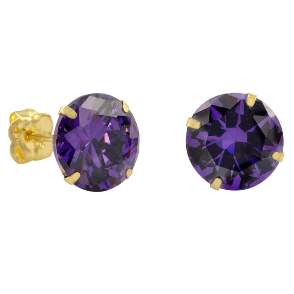 10k Yellow Gold Purple Amethyst CZ Stud Earrings Cubic Zirconia Round Prong Set - Jewelryland.com