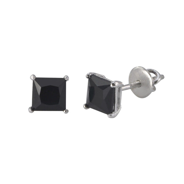 Sterling Silver Screwback Earrings Black CZ Studs Square Princess Cut Basket Set - Jewelryland.com