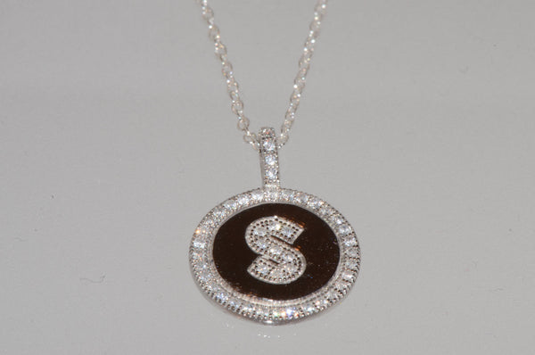 Sterling Silver Letter S Initial Necklace Micropave CZ Cubic Zirconia - Jewelryland.com