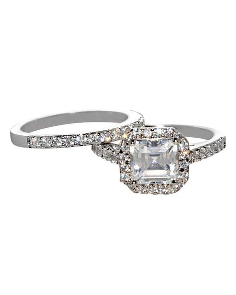 Silver Wedding Ring Set Bridal CZ Band 1.5ct Square Princess Cut Cubic Zirconia - Jewelryland.com