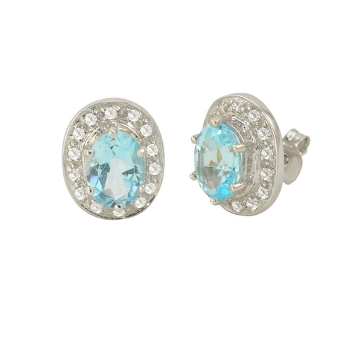 Blue Topaz Gemstone Stud Earrings 925 Sterling Silver Oval Micropave CZ Accent - Jewelryland.com