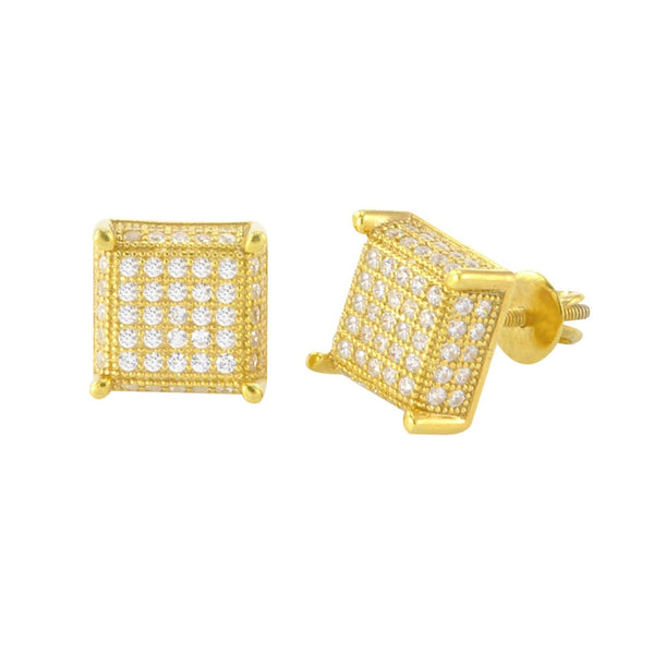 Screwback Earrings Sterling Silver Yellow Gold 9mm Square 3d 2 Row CZ Sidestones - Jewelryland.com