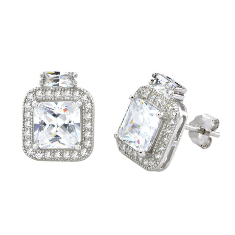 Sterling Silver Square Halo Cubic Zirconia Stud Earrings Micropave 12mm x 10mm - Jewelryland.com