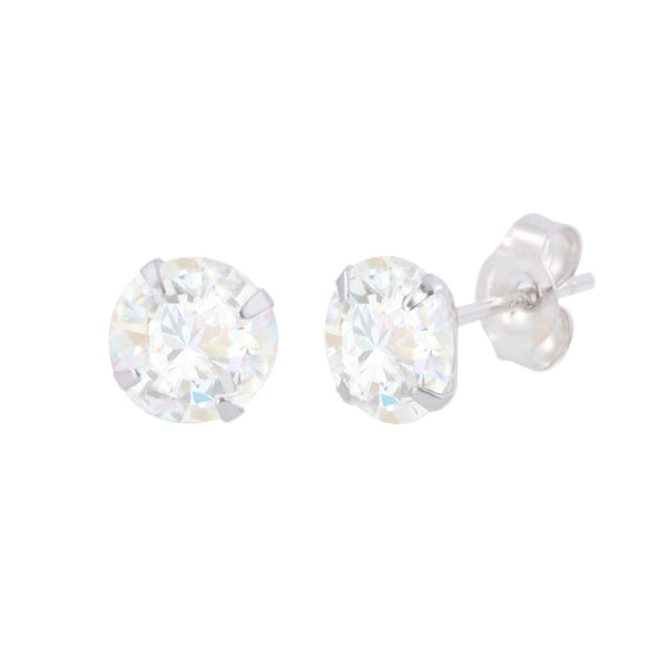 10k White Gold Earrings Round Clear CZ Prong Set Cubic Zirconia Studs Pushbacks - Jewelryland.com