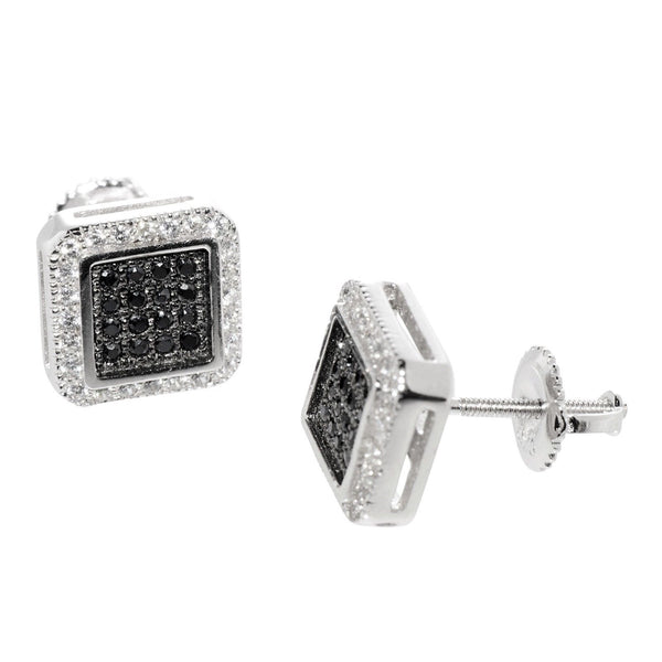 Mens Screwback Earrings Hip Hop Black & White CZ Studs Sterling Silver ASC Brand - Jewelryland.com