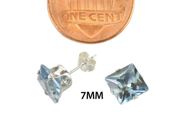 Square Aquamarine CZ March Birthstone Stud Earrings Silver Cubic Zirconia Prong - Jewelryland.com
